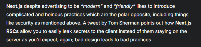 An author of a personal blog writes that Nextjs is heinous